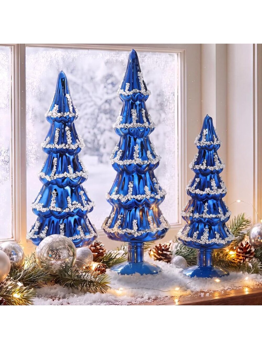 🎄3 Pcs Cobalt Blue Glass Christmas Trees with Silver Pearl Trim Tabletop Tree